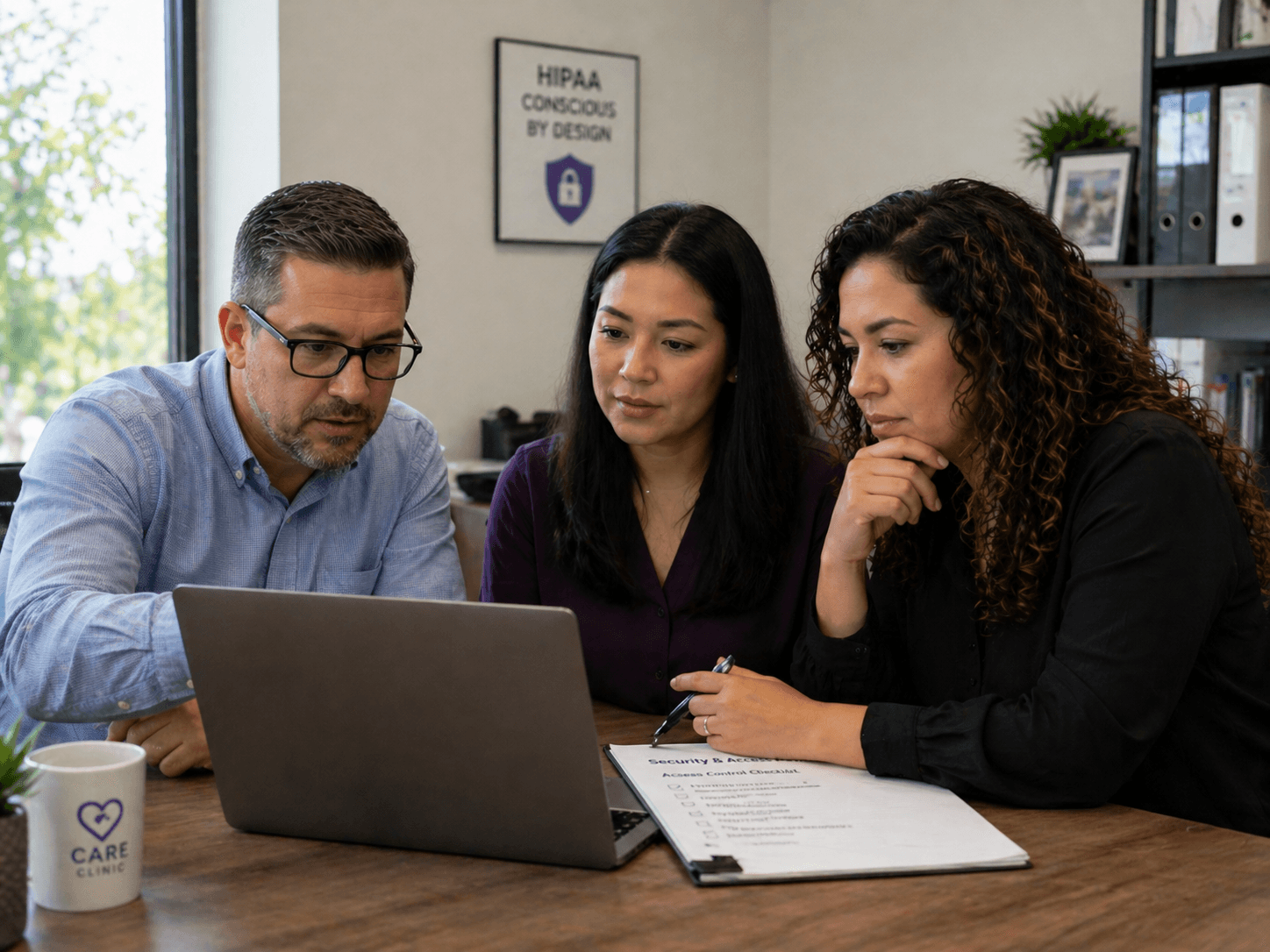 Clinic admin team reviewing HIPAA-conscious access controls and role-based permissions together