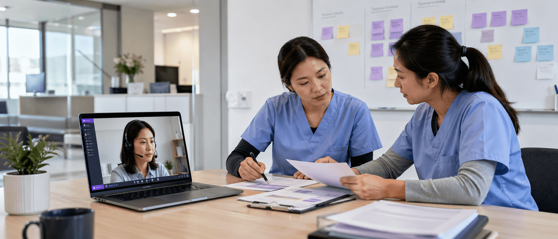 East Asian medical virtual assistant onboarding with a clinic team via video collaboration