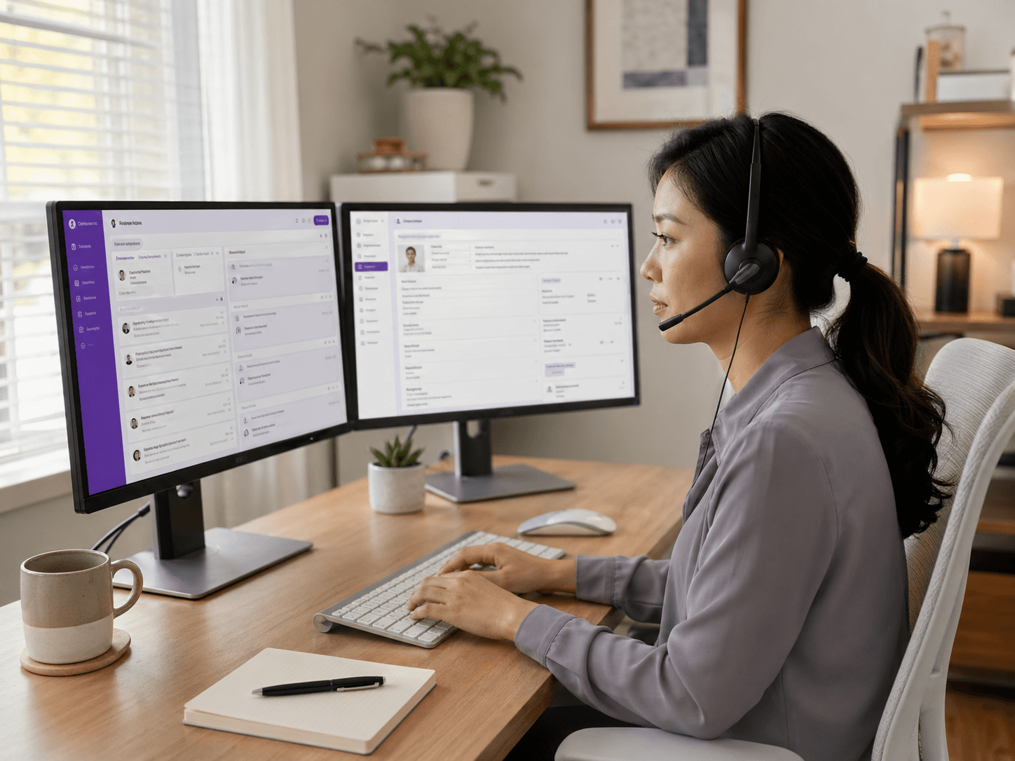 East Asian medical virtual assistant supporting a healthcare practice from a remote workstation