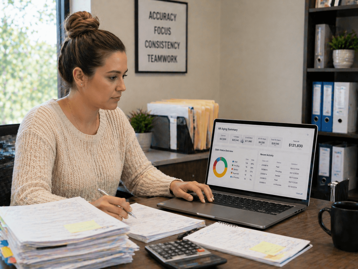 Billing admin virtual assistant reviewing claim status report and AR aging dashboard at workstation