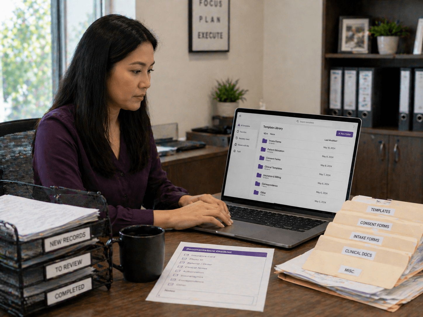 Documentation support virtual assistant organizing template library and clinical document folders on screen
