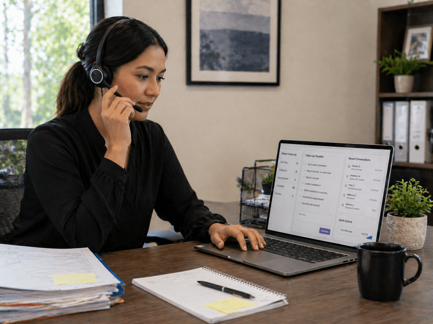Patient follow-up virtual assistant on phone outreach with reminder cadence checklist on laptop