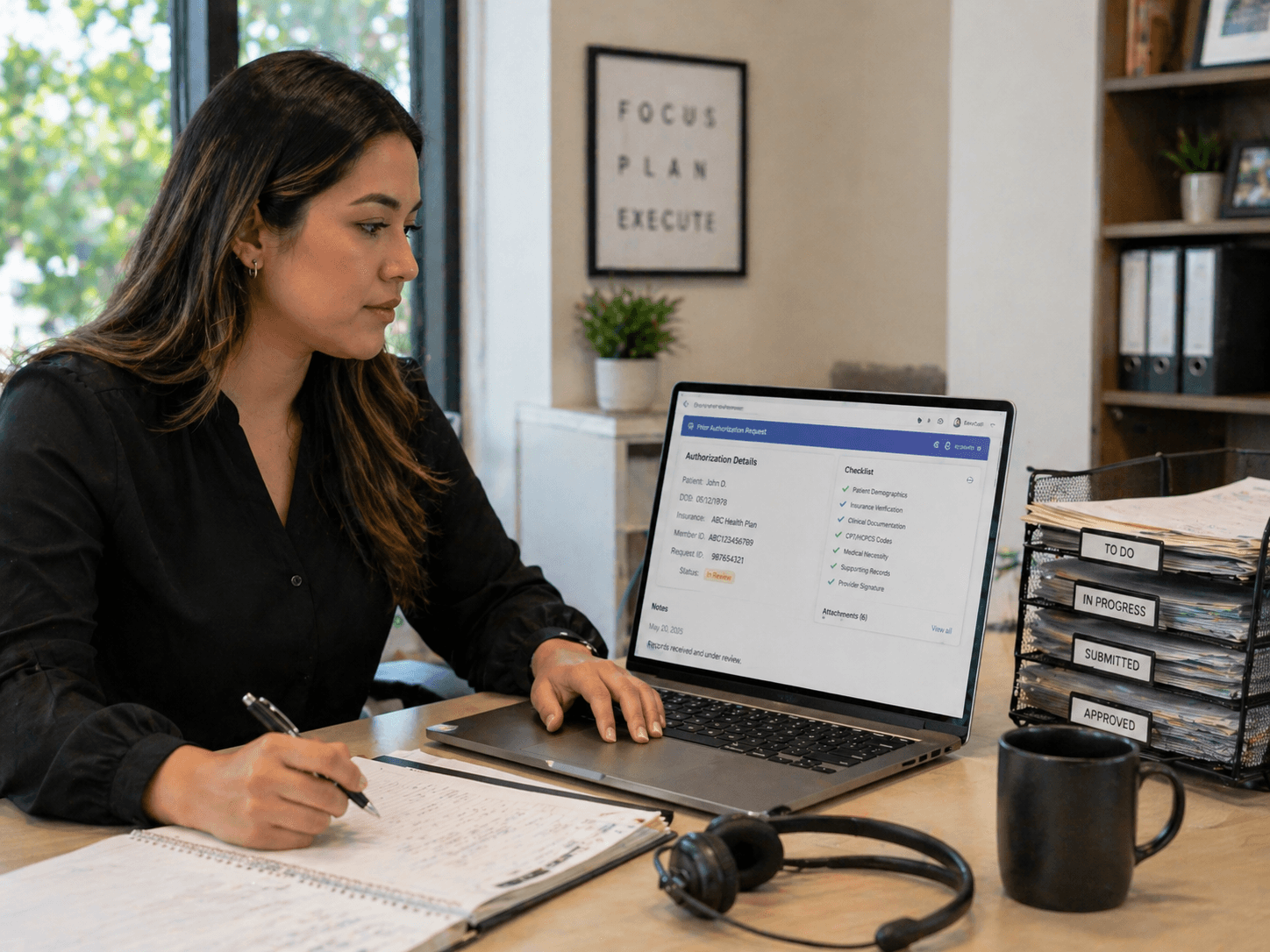 Prior authorization virtual assistant at workstation reviewing payer portal and PA documentation checklist