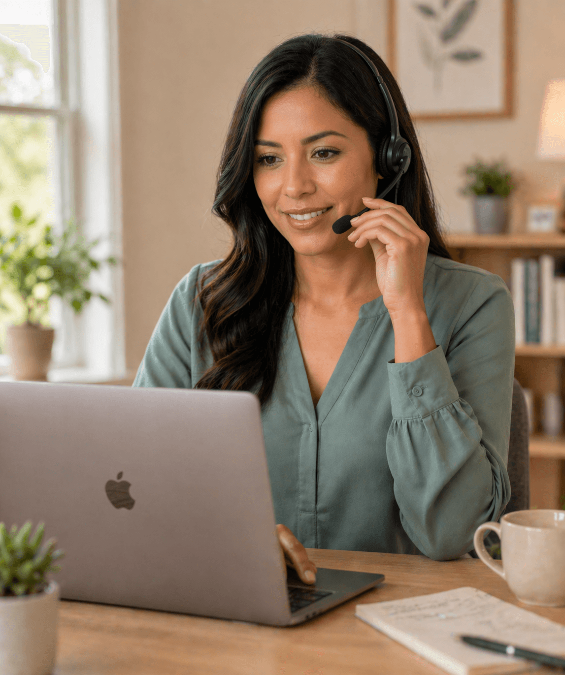 Medical scheduling assistant wearing a headset, booking an appointment