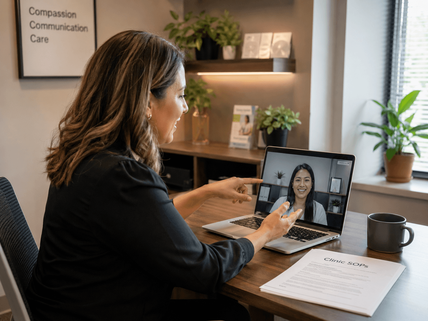 Clinic admin reviewing the practice's clinic-specific SOPs with her dedicated medical virtual assistant on a video call