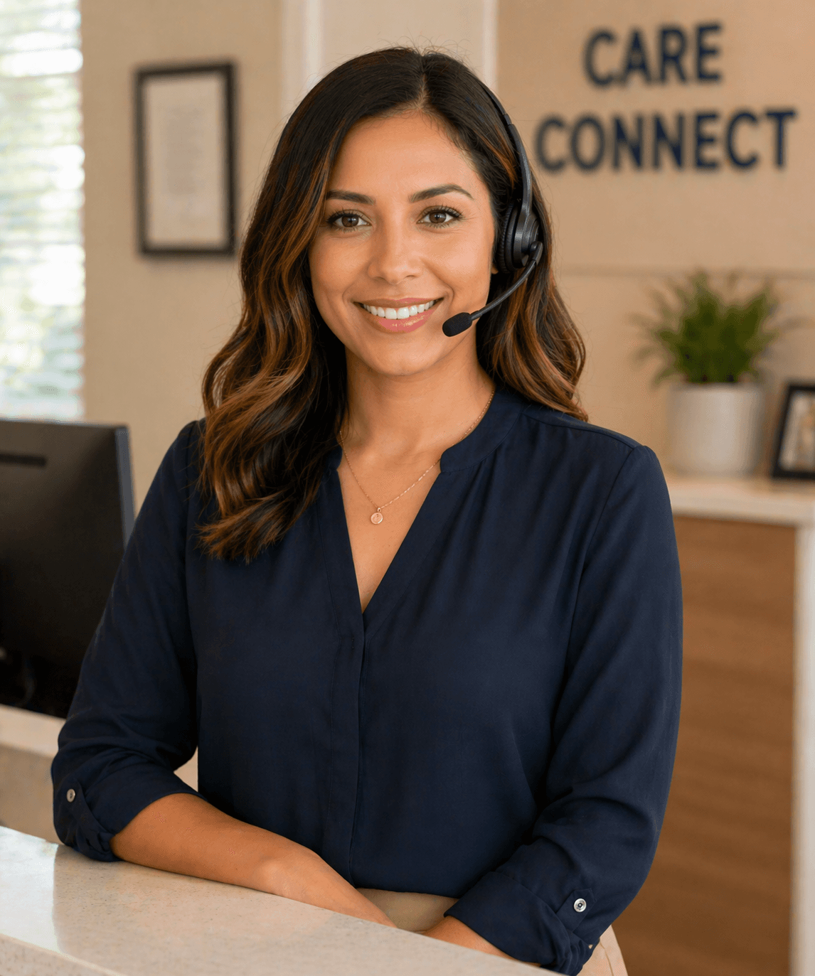 Professional portrait of a medical receptionist at the front desk wearing a headset