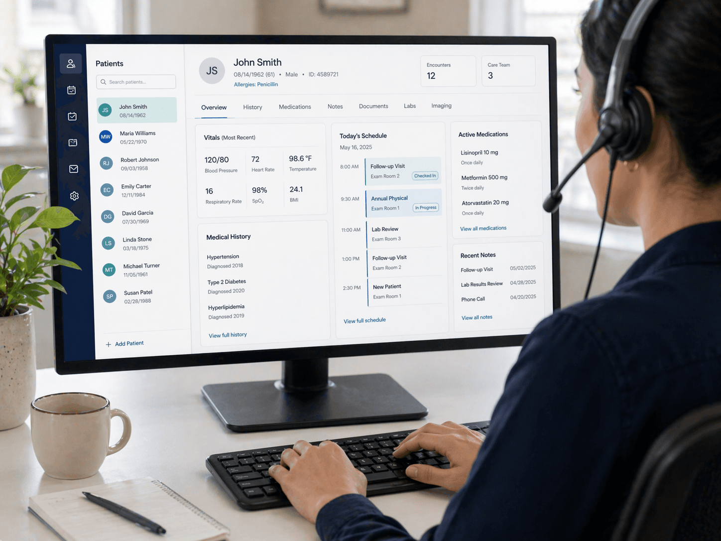 Medical VA at keyboard working inside an EHR interface