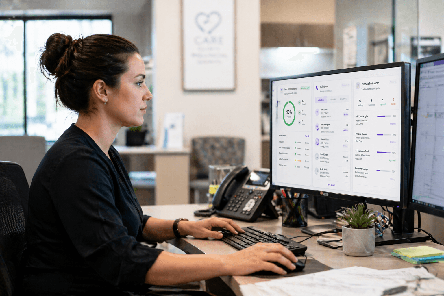 Medical clinic operations workflow dashboard showing eligibility verification, phone queue, and prior authorization tracking